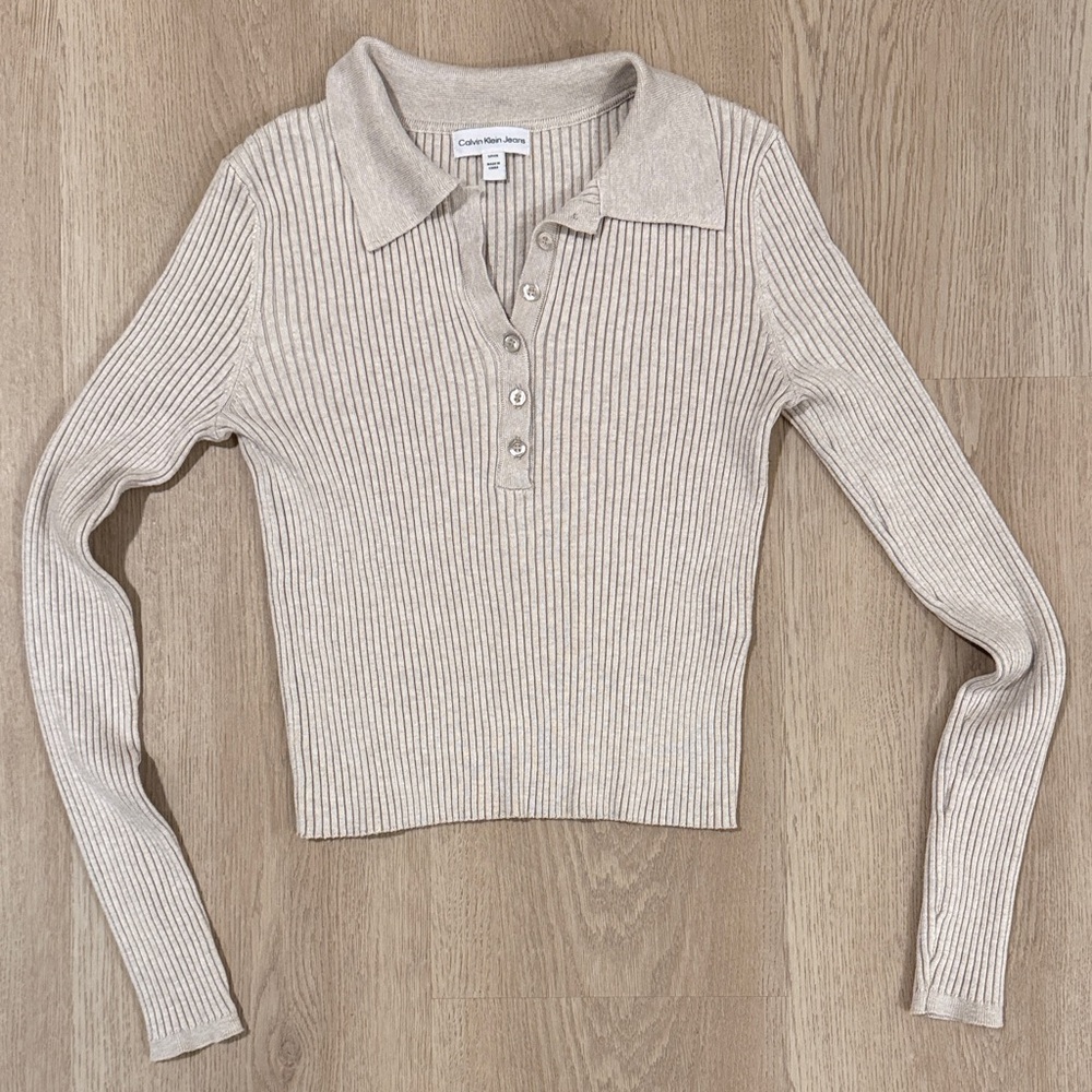 Calvin Klein Jeans Cream Ribbed Button-Down Shirt